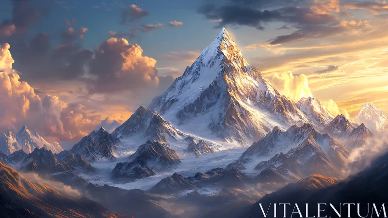 Snowy peak under warm sunset light in digital landscape.