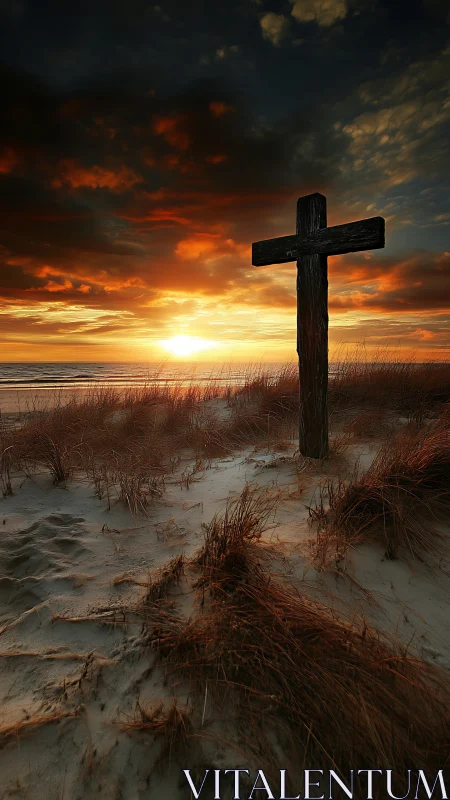 Weathered wooden cross at sunset on windswept dune shoreline.