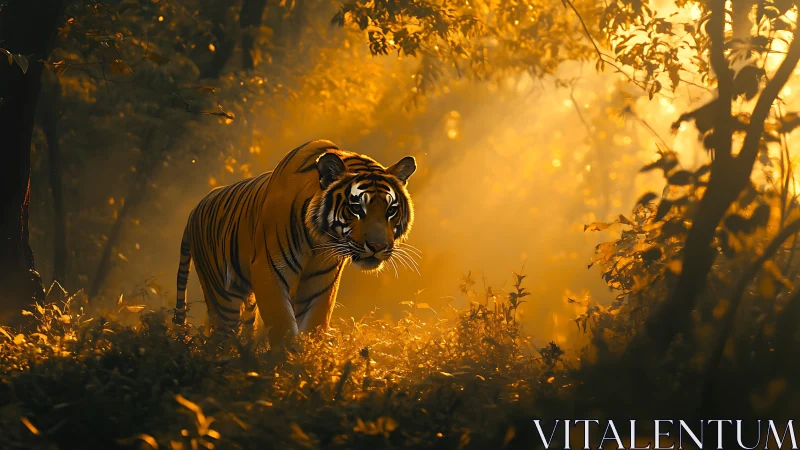 Tiger walking through warm sunlit forest at dawn.
