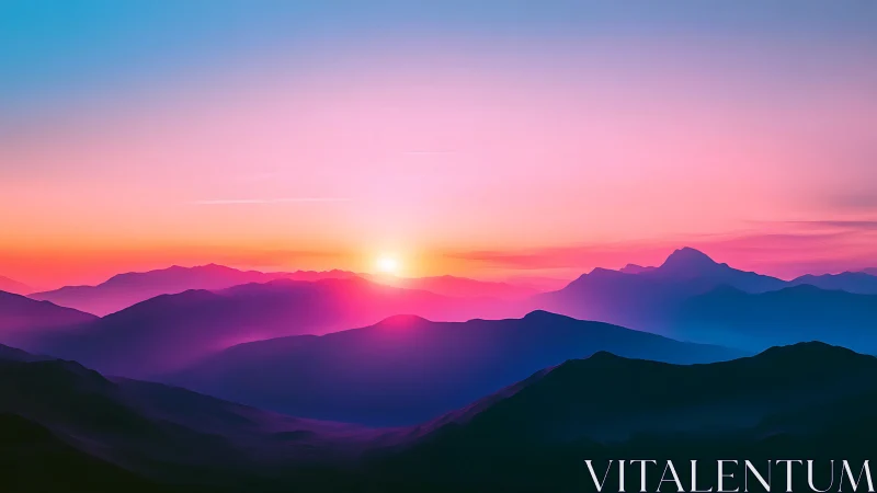Luminous gradient sunrise over stylized violet mountain ridges.