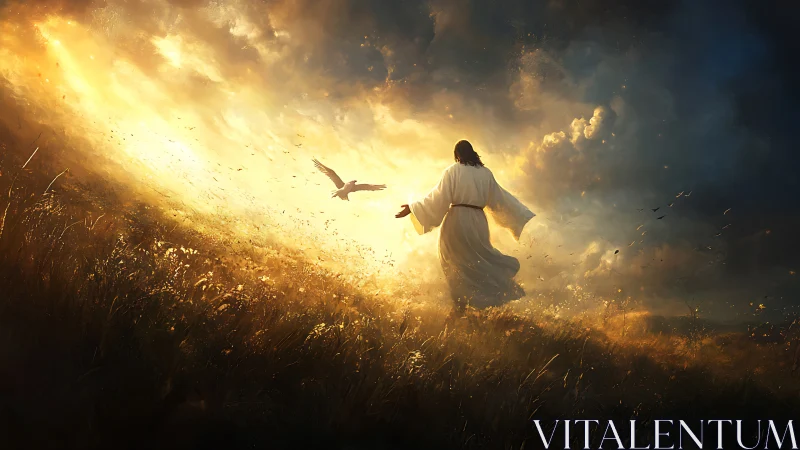 Figure in white robe walking toward glowing sky on hill.