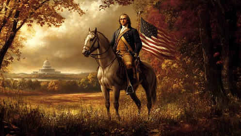 Rider in autumn light overlooking a distant Capitol dome.