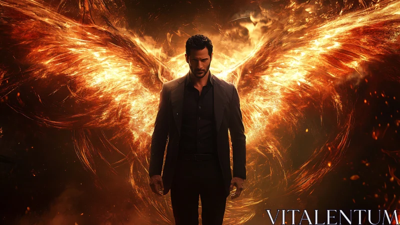 Man in flames stands before blazing phoenix wings of rebirth