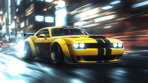 Yellow muscle car drifts through neon city rain at speed.