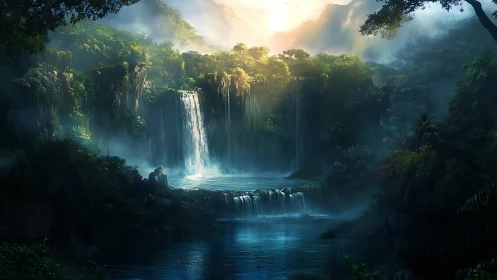 Mystical Waterfall Cascade Through Lush Jungle Gorge