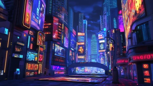 Neon drenched megacity boulevard under electric night sky.
