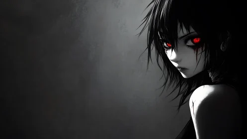 Red-eyed anime girl stares through shadows in eerie silence
