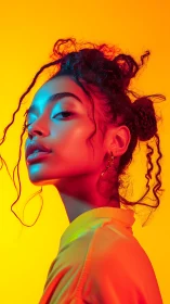 Bold neon portrait glows with radiant color and quiet confidence