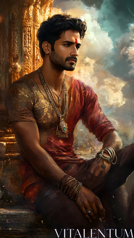 Regal man in ornate temple light with vivid devotional mark.