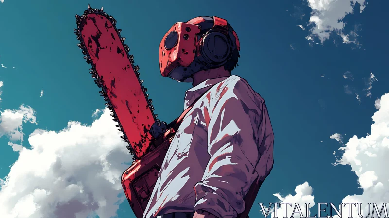 Chainsaw-helmeted figure under cyan sky with dramatic clouds.