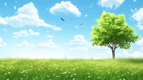 Lone spring tree under vivid blue sky with drifting clouds.