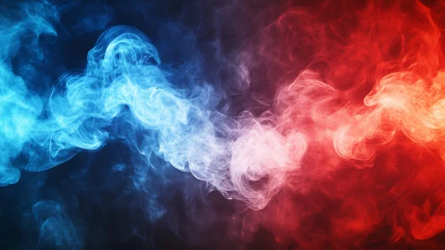 Graceful dance of blue and red smoke meeting in misty light.