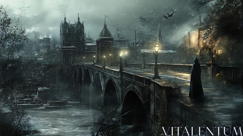 Cloaked figure on rain-swept gothic bridge in war-torn city.
