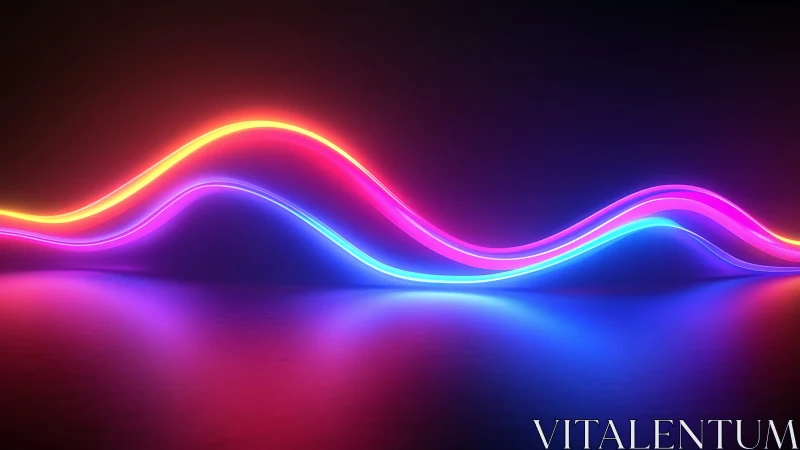 Neon light waves gliding over reflective digital surface.