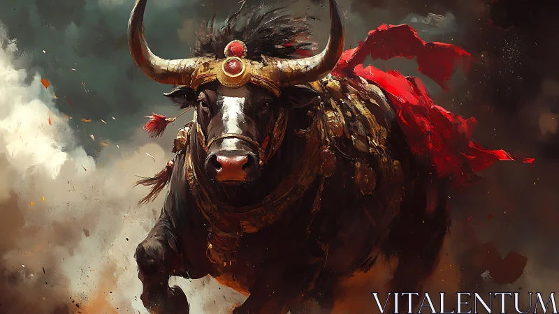 Mythic war bull charges through swirling smoke and fire