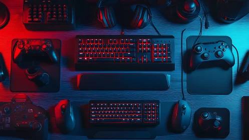 Dual-tone RGB gaming peripherals arranged in precise flat lay