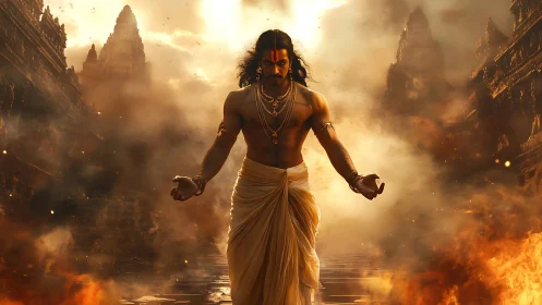 Mythic warrior in saffron drapery amid burning temple ruins