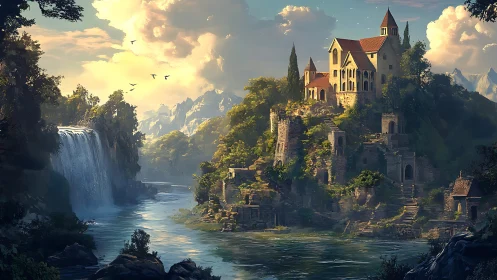 Medieval Castle in Enchanted Valley with Waterfall.