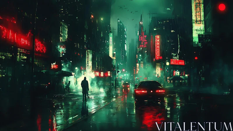 Neon rainstorm haunts a cyberpunk avenue of restless ghosts.