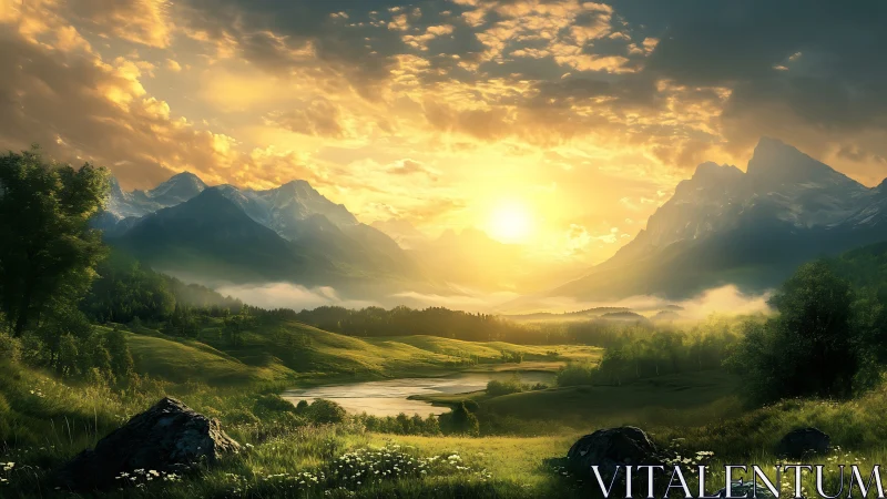 Sunlit alpine valley with glowing mist and distant peaks.