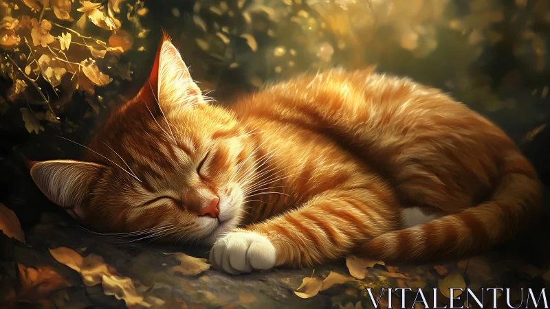 Ginger Cat Dreaming Among Golden Autumn Leaves.