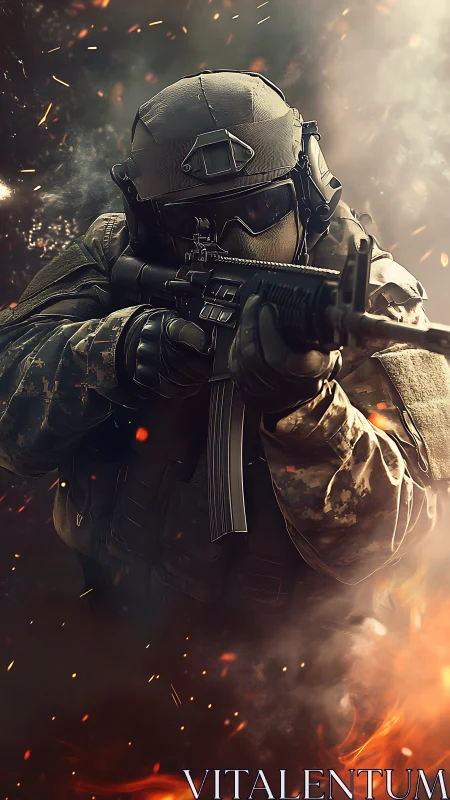 Armored soldier aims rifle through smoke and rising embers