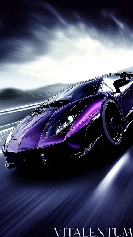 Purple supercar in dynamic motion blur on wet highway at night