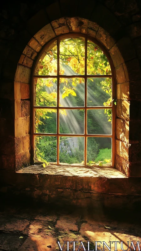 Stone arch window with sunlit foliage and garden view.