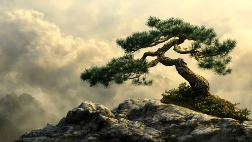 Stoic cliffside pine whispering above wandering golden clouds.