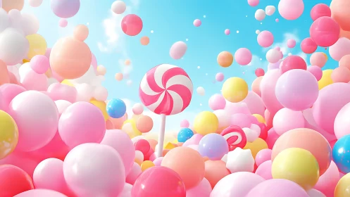 Surreal candy world with balloons and lollipop.