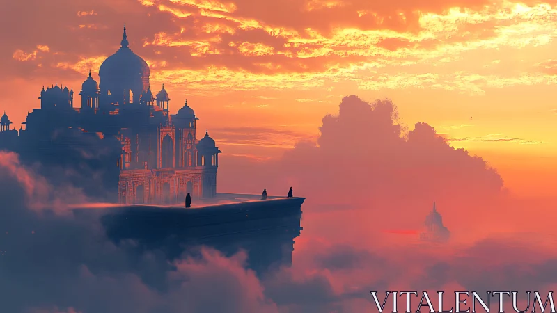 Stratified cloud citadel under volumetric sunset illumination.