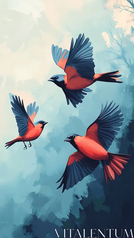 Digital painting of three scarlet birds in vertical flightscape.