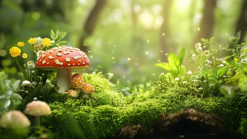 Sunlit mushroom kingdom glows quietly atop a mossy bridge