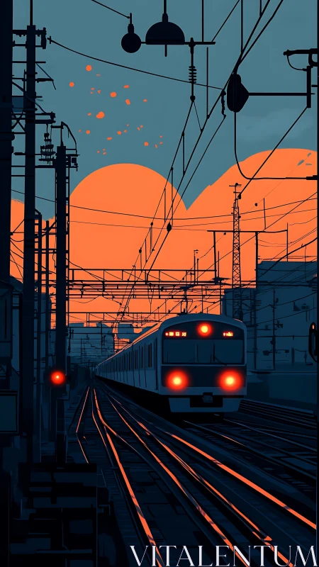 Electrified commuter train under neon dusk rail geometry.
