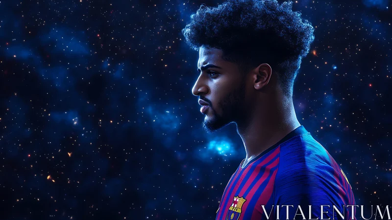 Focused soccer player profile against luminous starfield