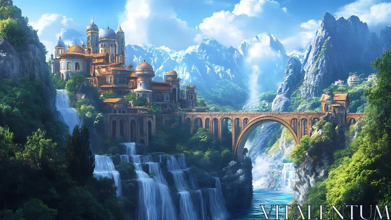 Sunlit citadel bridges waterfalls and snow-ringed horizons