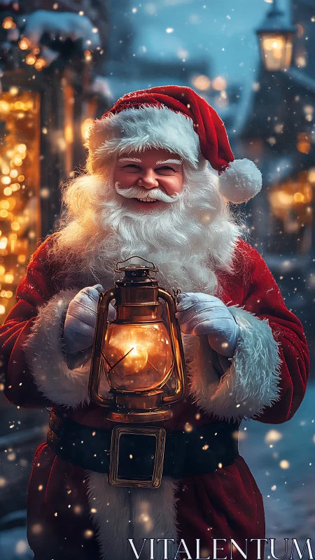 Figure in red suit holds lantern in snowy illuminated street