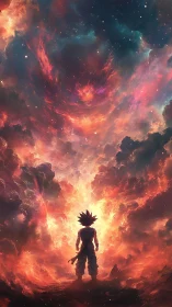 Anime warrior beneath cosmic inferno skyscape digital art.