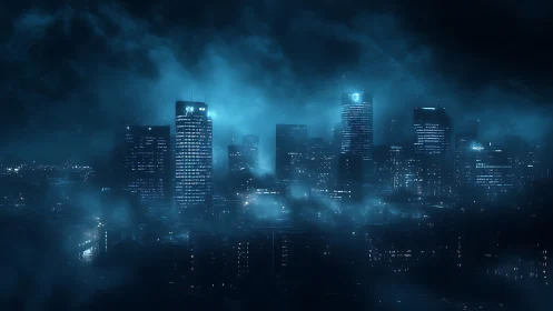 Nocturnal skyline rendered in high-contrast cyan fog illumination