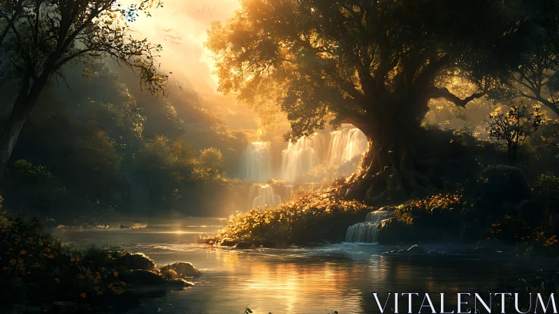 Ancient tree shelters cascading forest waterfalls at sunrise