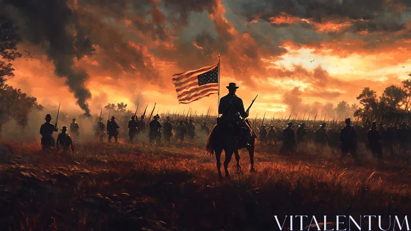 Mounted Union officer leads infantry line under blazing sky