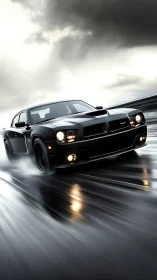 Black muscle car powers through wet highway in storm.