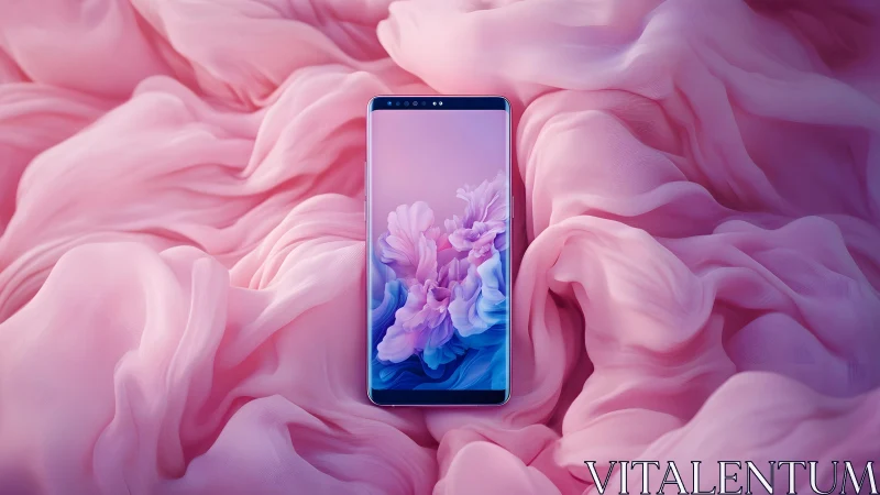 Modern smartphone on pink chiffon fabric, elegant and soft style.