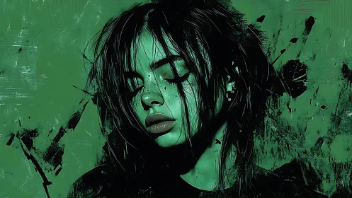 Green digital portrait of pensive young woman, splattered.