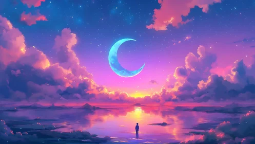 Crescent moon over reflective ocean at pastel twilight horizon