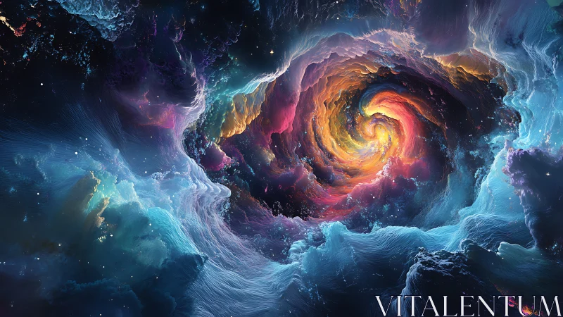 Starlit vortex unfurls in prismatic cosmic storm of color.