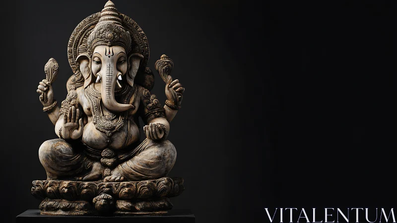Stone sculpture of seated Ganesha on dark background.