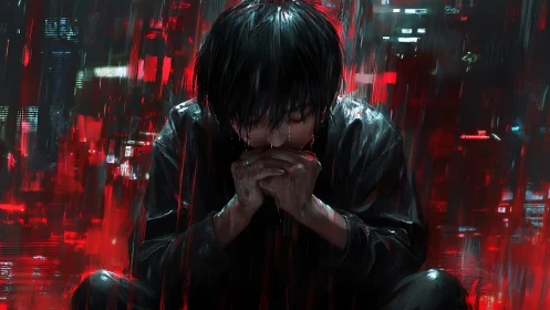 City rain folds around a lone figure burning in red static