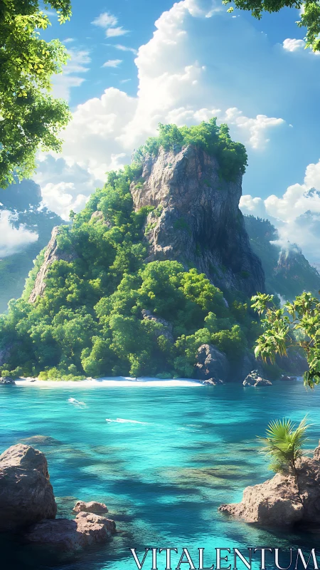 Verdant limestone tower rises from crystalline turquoise lagoon.