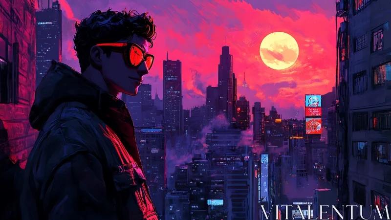 Neon‑lit city watcher basks in a hypnotic cyberpunk sunset